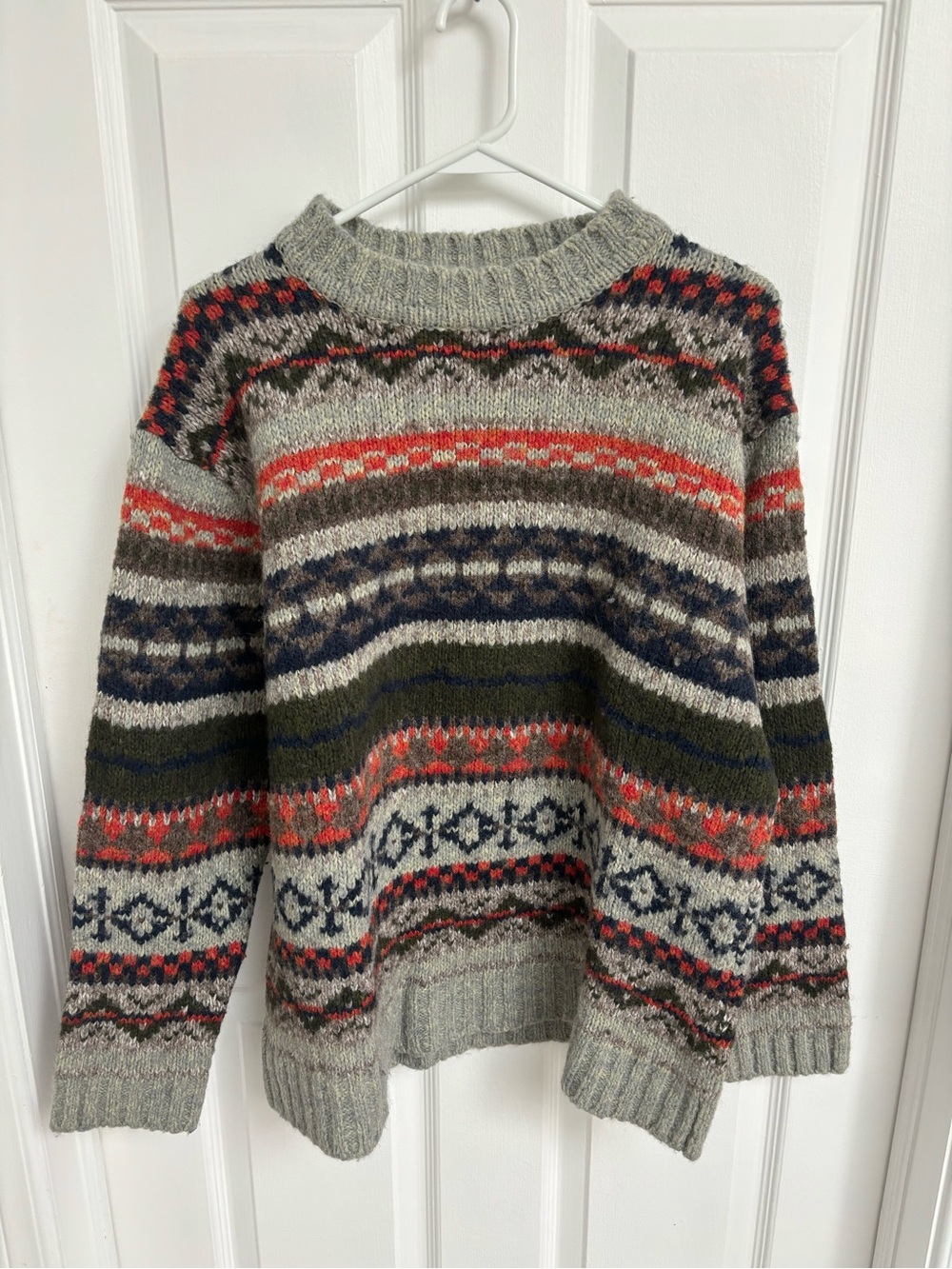 Men's Crewneck Fair Isle Wool Blend Sweater - Grey with Multicolor Pattern